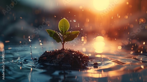 a small plant sprouts out of the water in front of a setting sun with droplets of water on the surface. photo