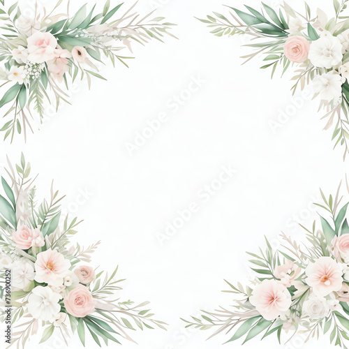 Square drawing rounded flower and leaves in forest frame, invitation card © saritwat