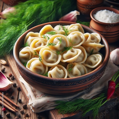 Russian pelmeni meat Dumplings with butter and greens. photo