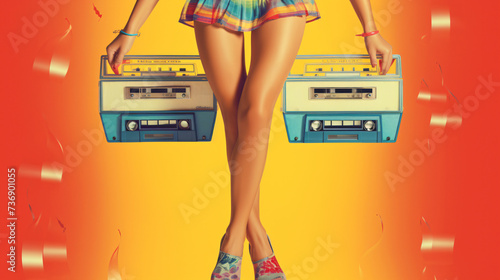 Vertical creative poster: Young woman legs in music. photo