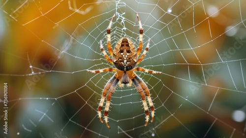 a close up of a spider on it's web with drops of water on it's back end.