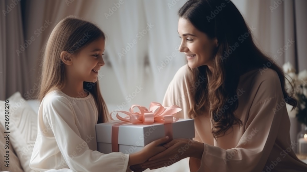 Joyful surprise: child daughter gifts mom on mother's day Joyful surprise: child daughter gifts mom on mother's day