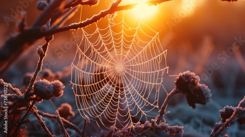 a close up of a spider web on a tree branch with the sun setting in the distance in the background.