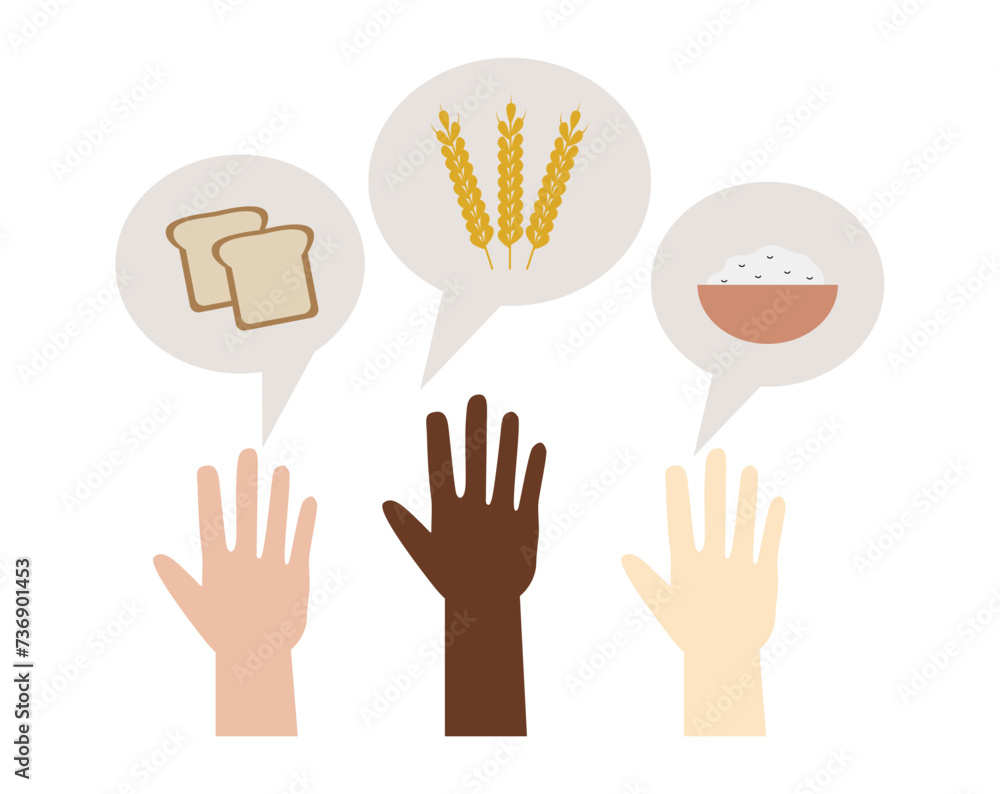 Fototapeta premium Food crisis, poverty and world famine concept. People sharing food through charity vector illustration. 