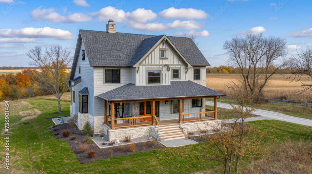 Immerse yourself in the tranquility of the prairie with this cozy twostory farmhouse. With a wraparound porch and sy stone exterior this home blends seamlessly with the surrounding