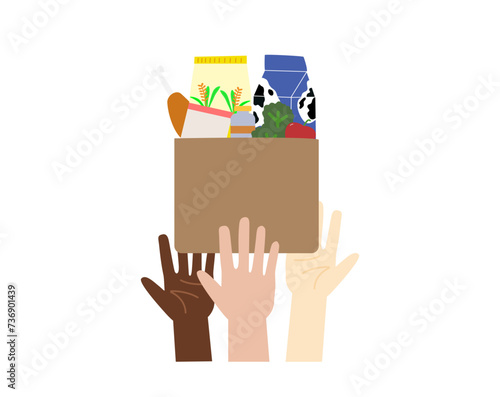 Food crisis, poverty and world famine concept. People sharing food through charity vector illustration. 