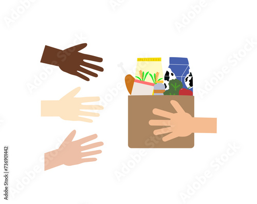 Food crisis, poverty and world famine concept. People sharing food through charity vector illustration. 