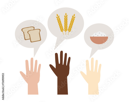 Food crisis, poverty and world famine concept. People sharing food through charity vector illustration. 