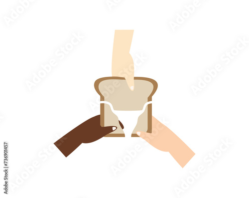 Food crisis, poverty and world famine concept. People sharing food through charity vector illustration. 