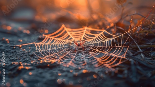 a close up of a spider's web on the ground with water droplets on the spider's web.