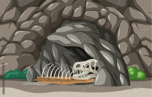 Dinosaur skeleton resting inside a rocky cave