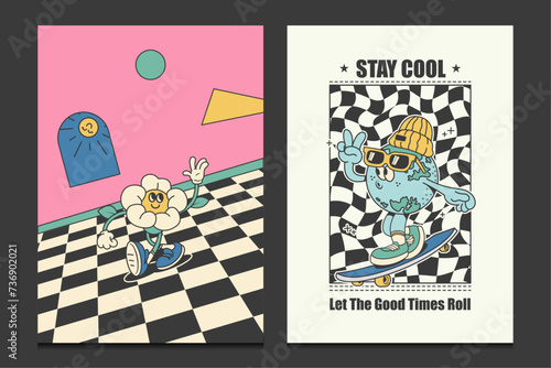 groovy posters or retro 70s wall art, vector illustration