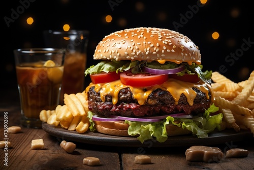 stylist and royal Close-up home made beef burger with american flag and fries on wooden table, space for text