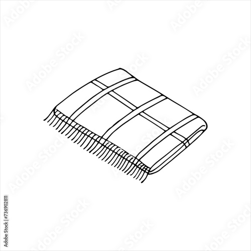 Folded plaid blanket. Hand-drawn folded duvet in doodle style, isolated on white background.
