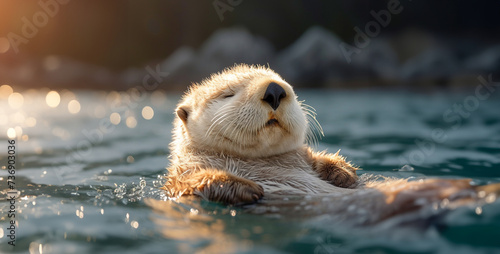 sea otter swimming in the water on a sunny summer day.sea otter swimming in the water. animal in natural habitat.sea otter swimming in the water. close-up. portrait