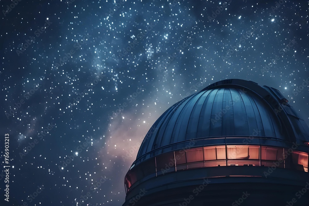 High-quality stock image of a space observatory under the starlit sky, dome open, telescope peering into the cosmos, symbol of human curiosity. - obrazy, fototapety, plakaty 