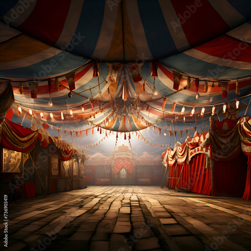 Illustration of an old circus tent with a lot of red curtains