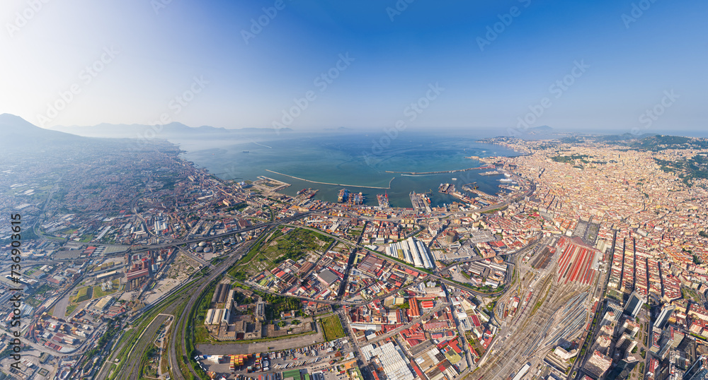 Naples, Italy. Neopolitan Bay with ships. Panorama of the city on a summer day. Sunny weather. Aerial view