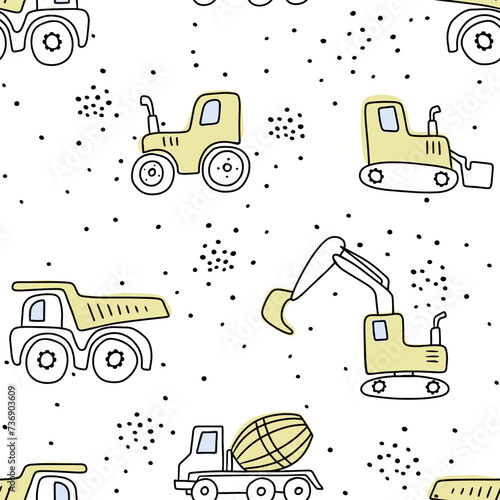 Vector seamless repeating children simple pattern with cars. Kids seamless pattern with building equipment. Funny construction transport