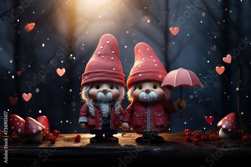 stylist and royal Cute valentine gnomes holding hearts illustration prints modern, space for text