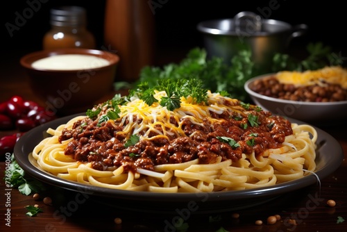stylist and royal Delicious Cincinnati chili with spaghetti  cheddar cheese  fresh onions and beans close-up