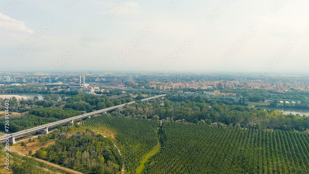Piacenza, Italy. Flight over the fields. Po River. Summer day, Aerial View