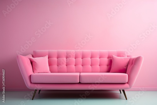 stylist and royal Fashionable comfortable stylish pink fabric sofa with black legs on pink background with shadow.