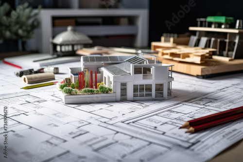 Experience the buzz of construction planning with a close-up of residence blueprints on a wooden worktable surrounded by construction tools in a busy work environment. AI generative.