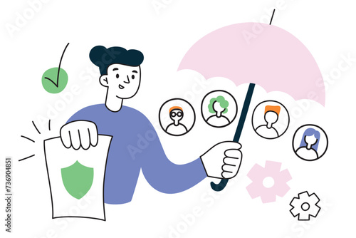 HR manager providing insurance, employees health care, flat composition with cartoon character holding umbrella, vector illustration of protecting company workers, job with corporate wellbeing