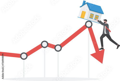 Business man in real estate or housing prices rising low prices ,Property and housing market collapse Recession, Housing Crisis Real estate. The housing market is falling.vector illustrator.
