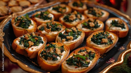 a close up of a plate of food with bread and spinach on it with other food items in the background.