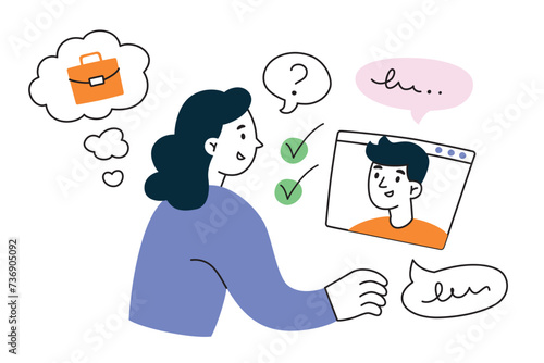 HR manager interviewing employee, online interview with job applicant, flat composition with cartoon characters, vector illustrations of man and woman talking, company recruitment concept