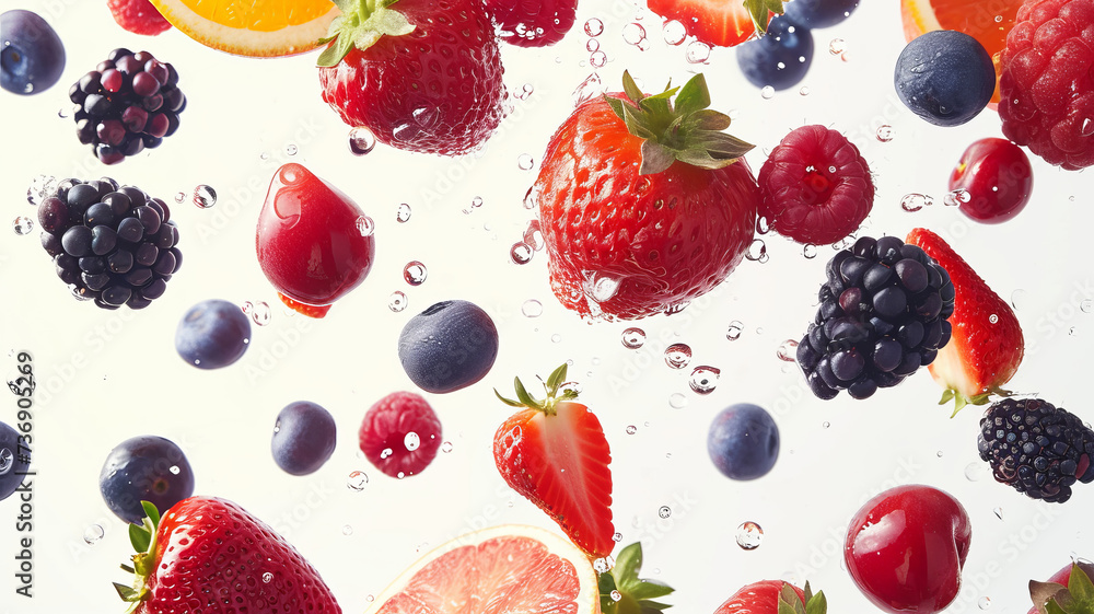 Vibrant fruits captured in mid-air with water droplets, a fresh and dynamic display, AI Generative. Vibrant fruits captured in mid-air with water droplets, a fresh and dynamic display, AI Generative.