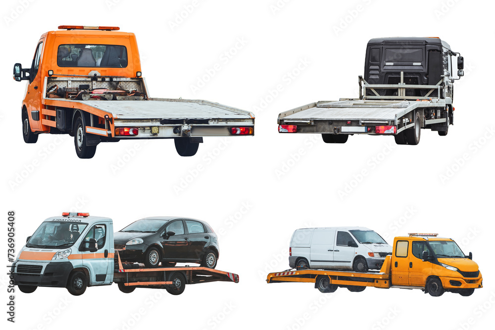 Car service transportation concept. Tow Trucks are isolated on a white background. Tow Trucks in Action. A Showcase of the Diversity and Complexity of Vehicle Recovery and Roadside Assistance Services