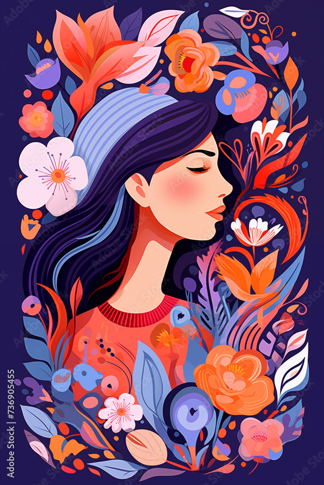 Woman in flowers, floral feminine background. International Women’s Day  happy holiday concept illustration. 8th March celebration of women of all over the world.