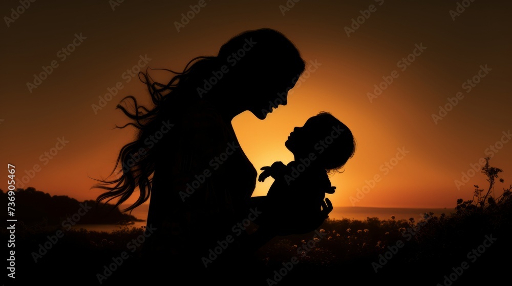 Mother tenderly kissing her child in silhouette