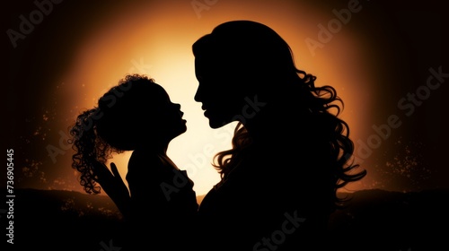 Mother tenderly kissing her child in silhouette