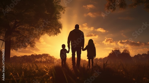 Father and children silhouetted, hand in hand, strolling in park – embracing fatherhood and childhood