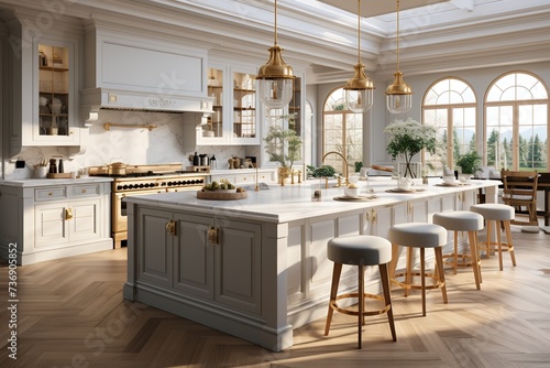 stylist and royal General view of luxury kitchen with white counter tops and cupboards, space for text, photographic