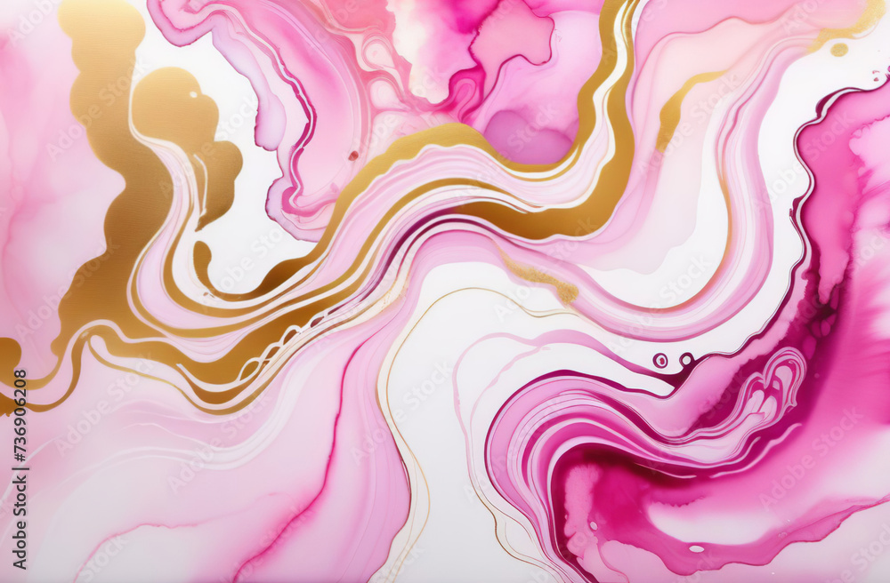 Alcohol ink art full frame background. Currents of magenta hues, stains, pink golden swirls, soft color free-flowing textures. Natural aquarelle abstract fluid painting. Can be used as vertical poster