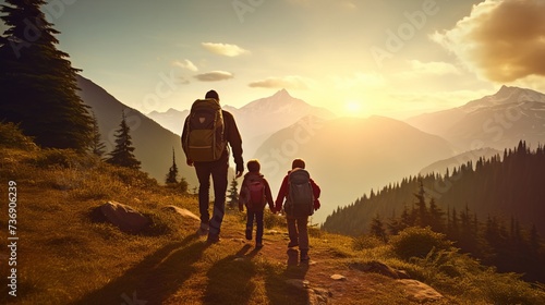 Father and two boys hiking in the washington state mountains photo