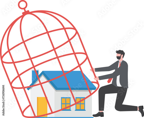 Mortgage payment problem, housing debt in economic crisis concept, worried house owner businessman standing with his house inside locked bird cage.

