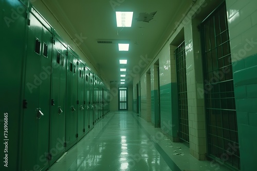 school hallway with Gloomy green lockers.