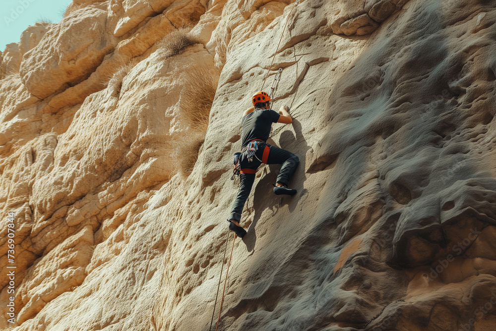 An adventurer scales a rugged cliff face above the vast ocean, a metaphor for challenge and perseverance against the backdrop of nature's grandeur An adventurer scales a rugged cliff face above the vast ocean, a metaphor for challenge and perseverance against the backdrop of nature's grandeur
