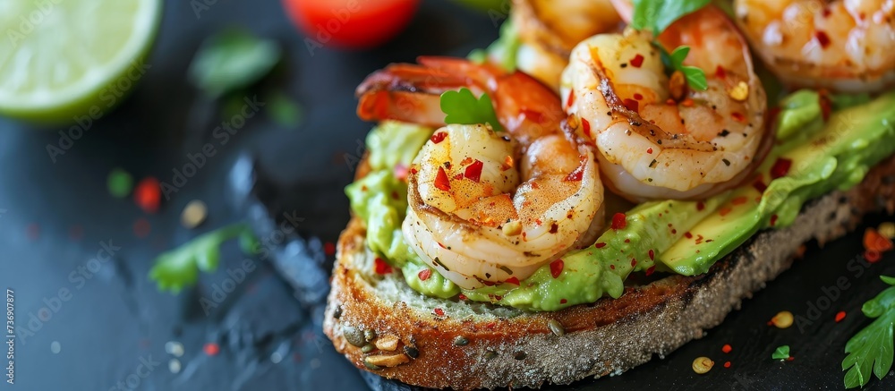 Fresh avocado toast with shrimp, a healthy and vitamin-filled breakfast. Fresh avocado toast with shrimp, a healthy and vitamin-filled breakfast.