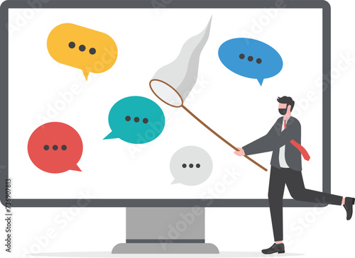 Requirement gathering, catch up meeting summary, client or customer opinion, conversation, effective communication or message and conversation concept, businessman catching dialog speech bubble.

