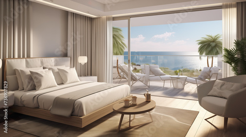 Modern hotel room suite with big bed, plants and big window with lots of light, sunshine and sea view on vacation