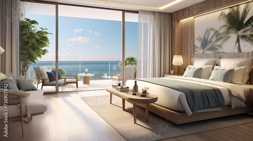Modern hotel room suite with big bed, plants and big window with lots of light, sunshine and sea view on vacation © DigitalDreamscape