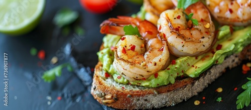 Fresh avocado toast with shrimp, a healthy and vitamin-filled breakfast. photo
