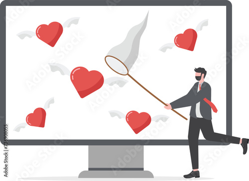 Searching for passion, motivation or work inspiration, finding relationship, romance dating, desire or aspiration concept, businessman using butterfly net to catch flying passionate lovely heart.

